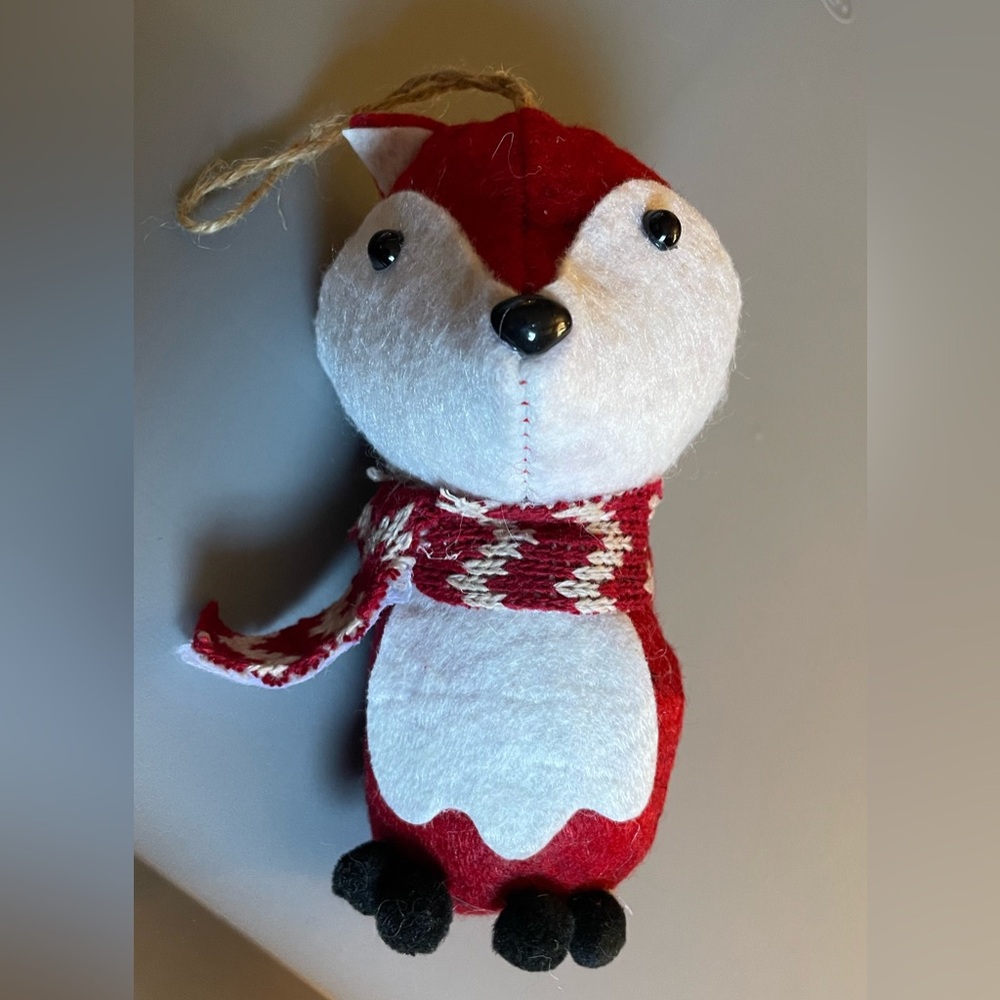Felt Fox Christmas Ornament W Scarf Red White Vintage